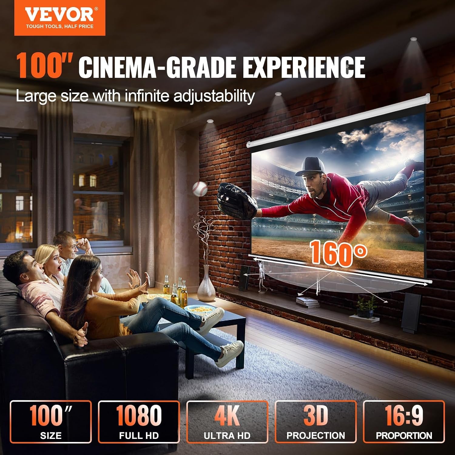 Projector Screen, 100 Inch Manual Pull down Projector Screen, 16:9 4K 1080 HD Projector Screen, Auto-Locking Portable Projection Screen, Projector Screen for Family Home Office Theater