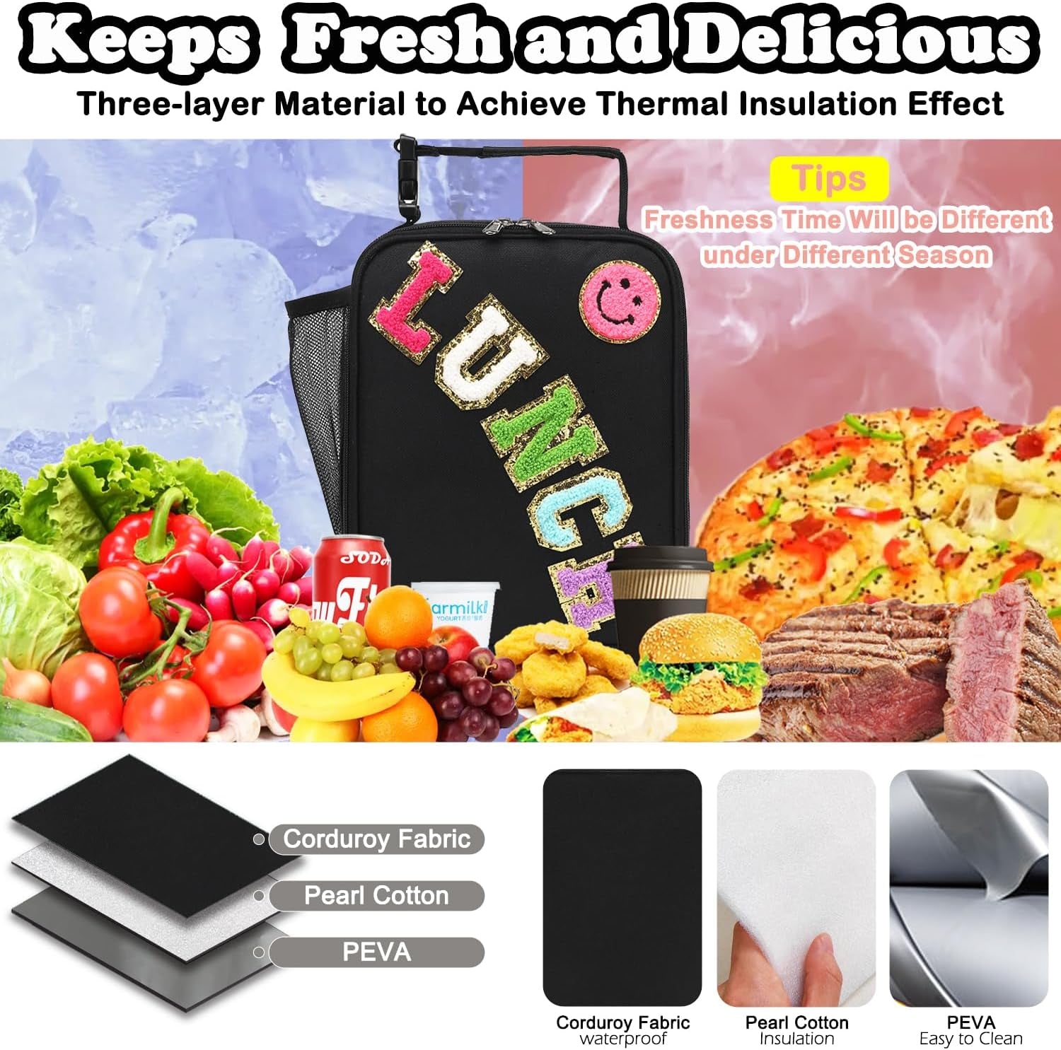 Lunch Box Insulated Soft Bag Mini Cooler Back to School Thermal Meal Tote Kit with Buckle and Mesh Side Pocket for Girls, Boys, Blackwithletter