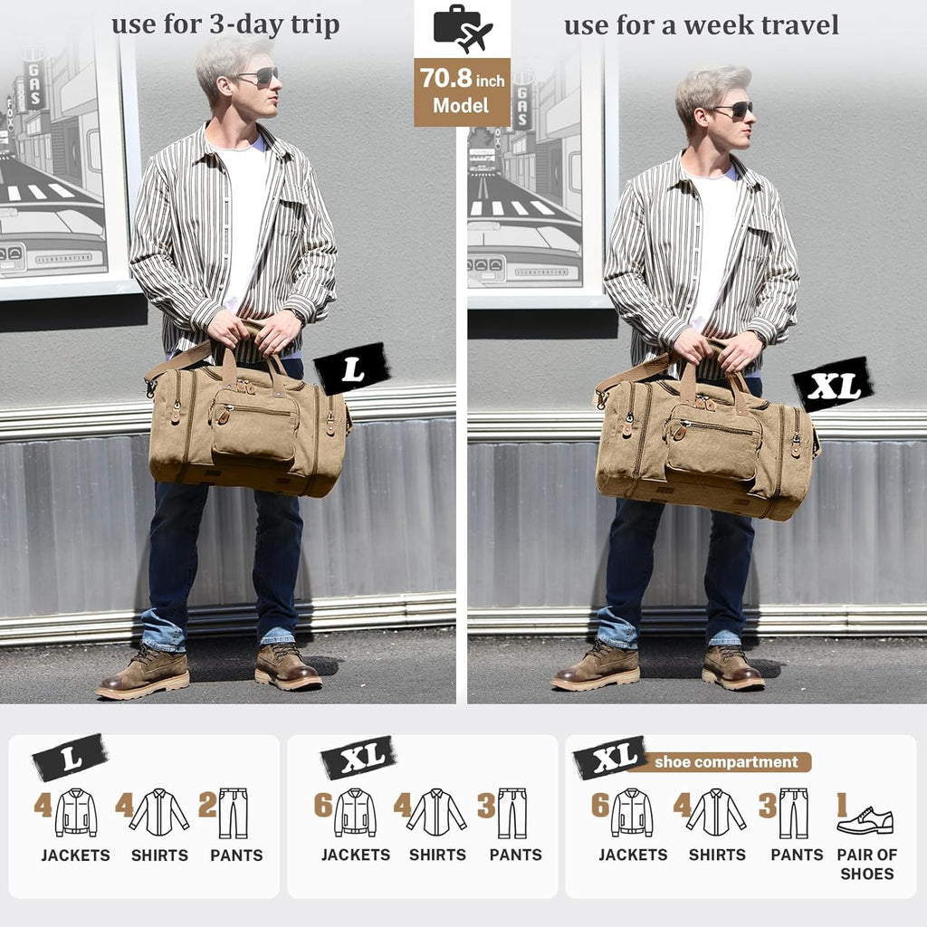 Canvas Duffle Bag, Expandable 60L Travel Overnight Weekender Bag | Multiple Pockets, Carry-On Size, Durable Zippers, Detachable Strap, for Men & Women, Coffee