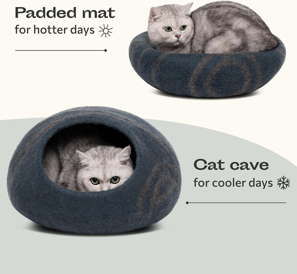 Cat Cave – Premium Felt Cat Bed Enclosure for Indoor Cats, Handmade Merino Wool (Slate Grey, Large)