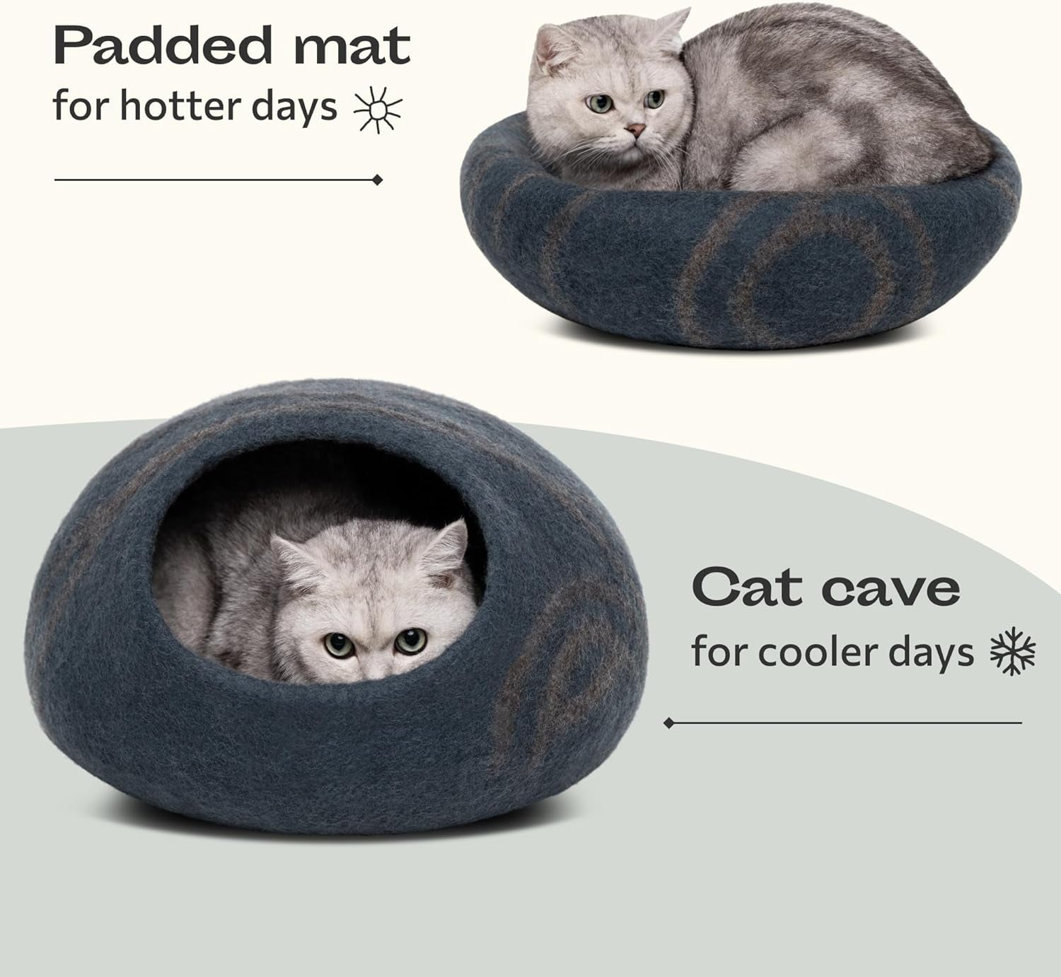 Cat Cave – Premium Felt Cat Bed Enclosure for Indoor Cats, Handmade Merino Wool (Slate Grey, Large)