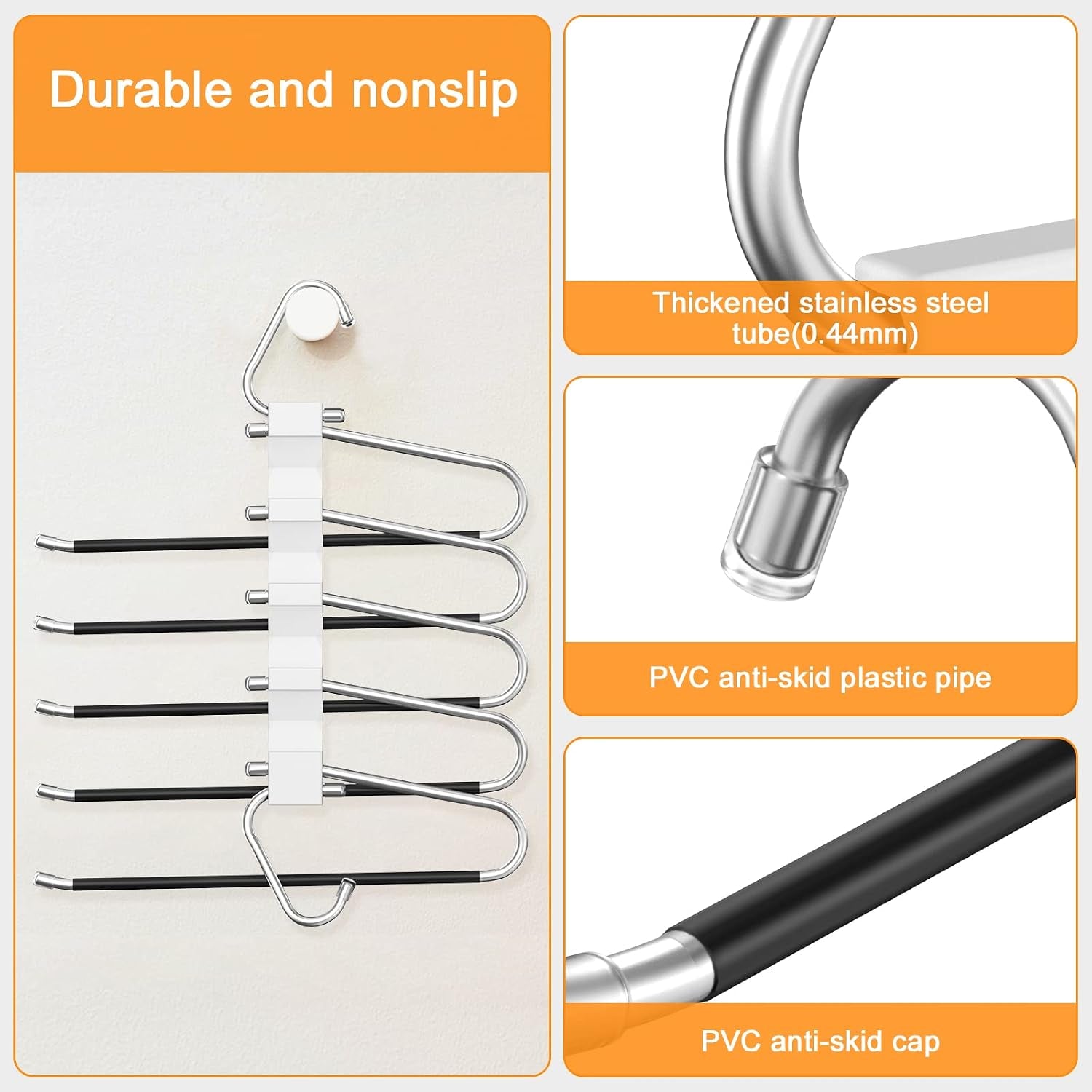 2 Pack Pants Hangers Space Saving, Anti-Slip Multi-Functional Pants Rack, Thickened Stainless Steel Tube with 10 Metal Clips, Two Hanging Modes Suitable for Jeans Trousers Skirts Scarf-White