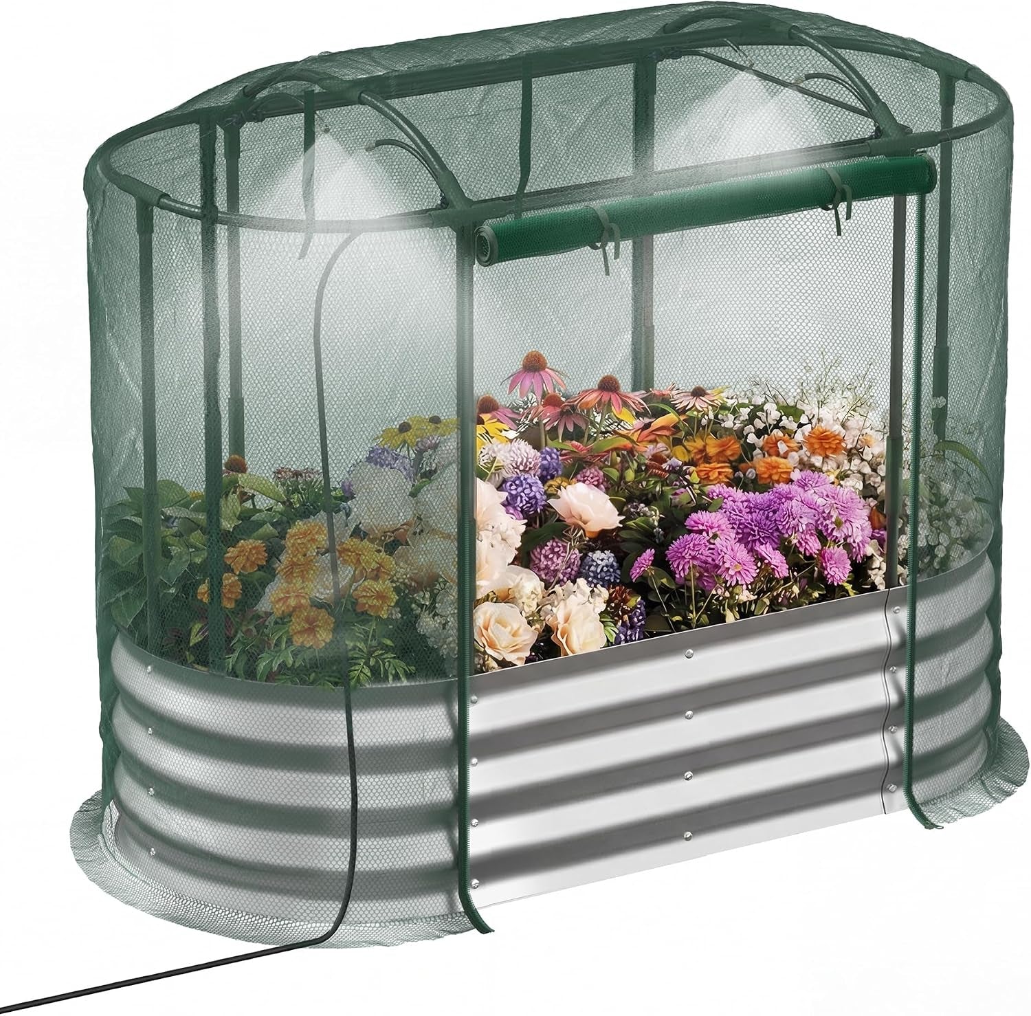 Raised Garden Bed with Self-Watering System, 4X2X1 Ft Elevated Planter Boxes Outdoor with Mesh Cover, Oval Galvanized Raised Beds for Gardening,Vegetables,Flowers, Backyard, Patio
