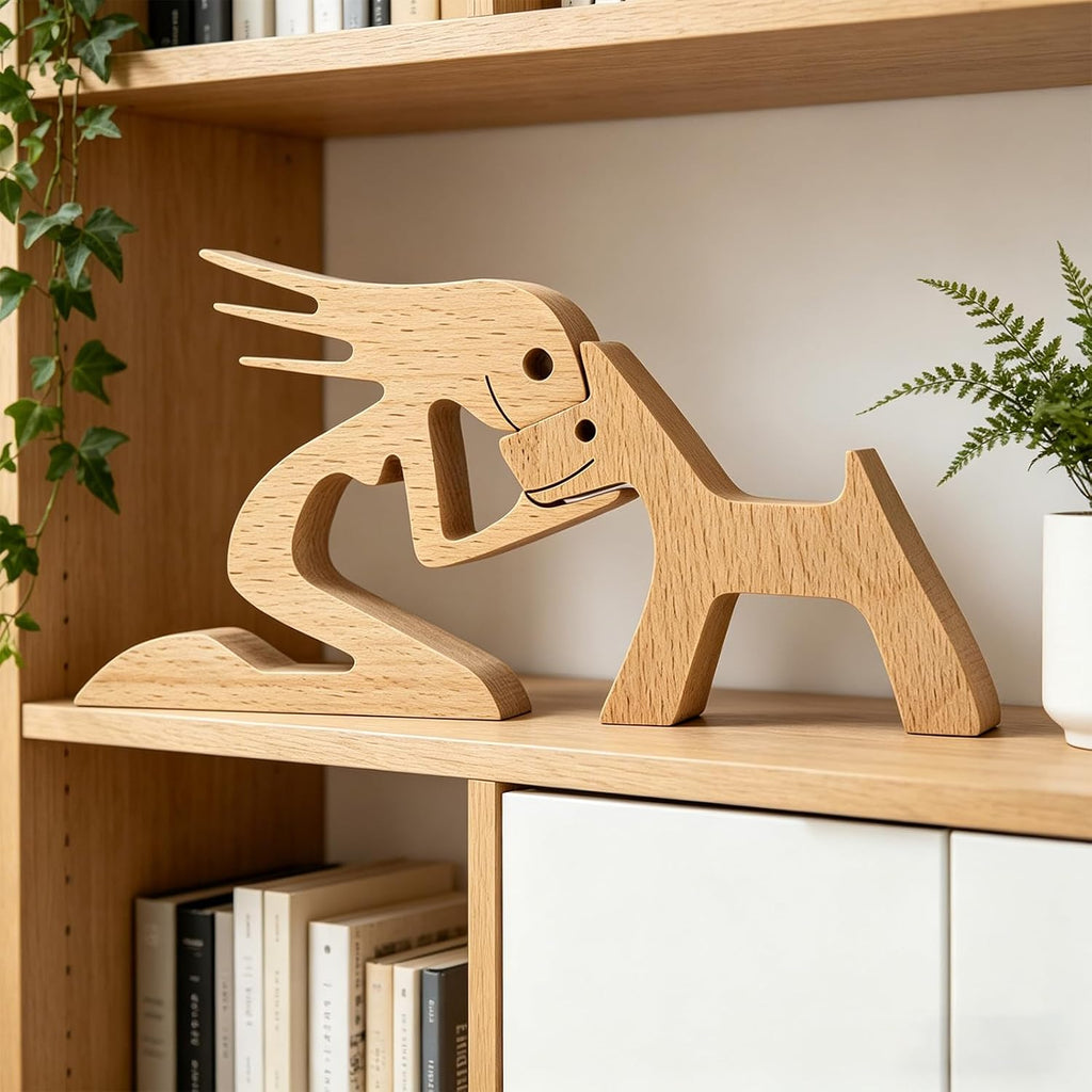 Wooden Sculpture Home Decor Women Men and Dog Statues, Friendship between Dog and Human Wood Crafts Statue Carving Ornaments for Bedroom Desktop Office Decoration (Girl and Dog)