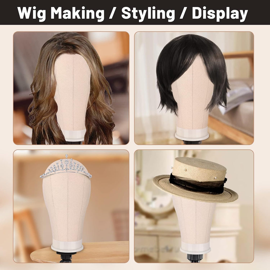 Wig Stand Set, 22In Off-White Canvas Wig Head with 360 Rotation & Adjustable Height, Includes Tripod, Wig Caps, Pins, Thread, Brush