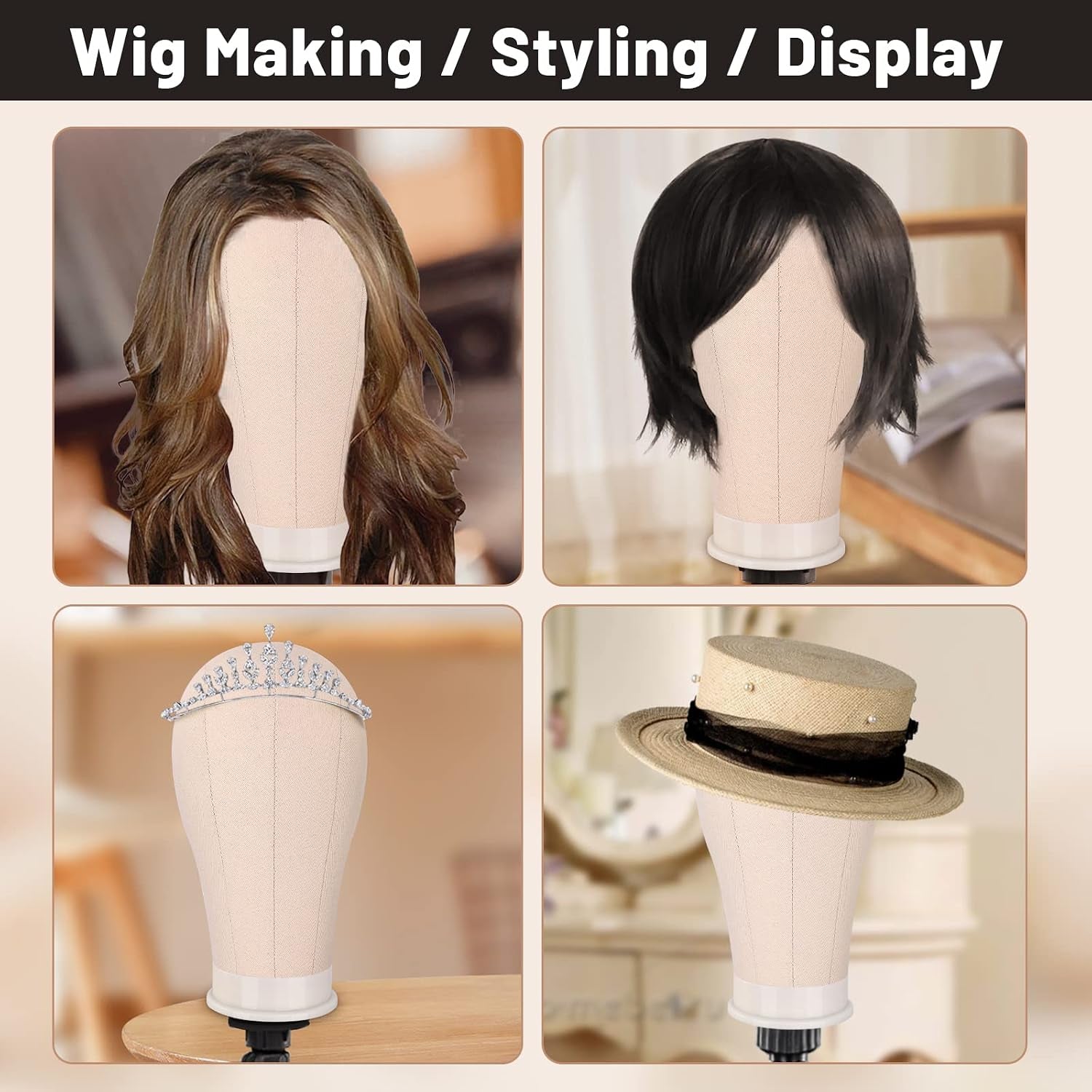 Wig Stand Set, 22In Off-White Canvas Wig Head with 360 Rotation & Adjustable Height, Includes Tripod, Wig Caps, Pins, Thread, Brush