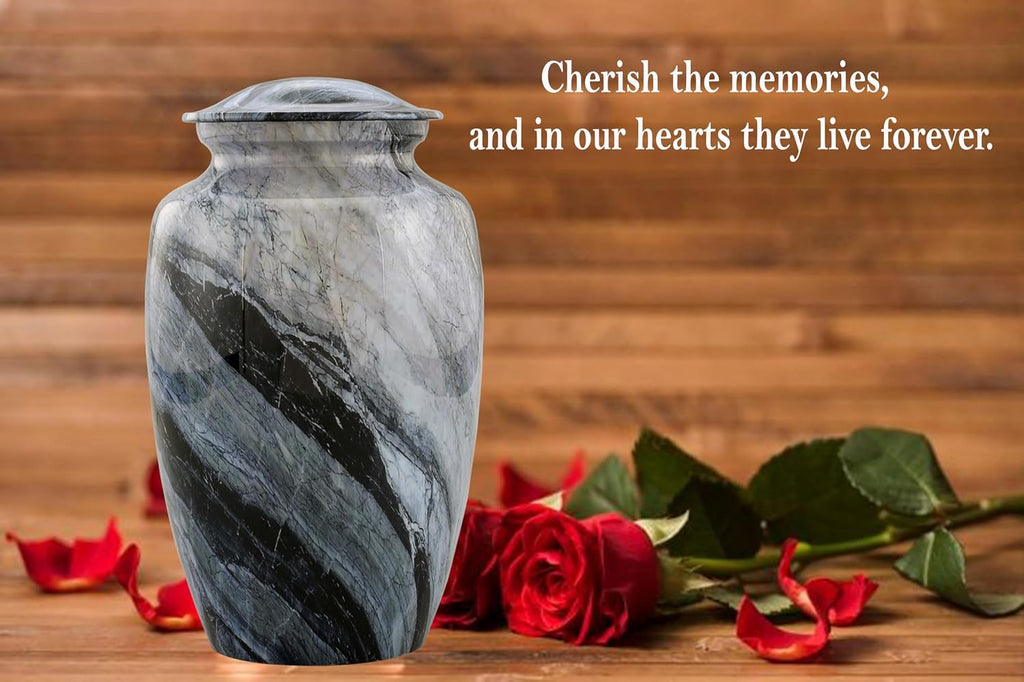 Memorial Cremation Urns for Human Ashes | Handcrafted Large Burial Marble Finish Adult Cremation Urn | Funeral Decorative Urns for Female & Male | 200 Lbs with Velvet Bag (Silver Wave)