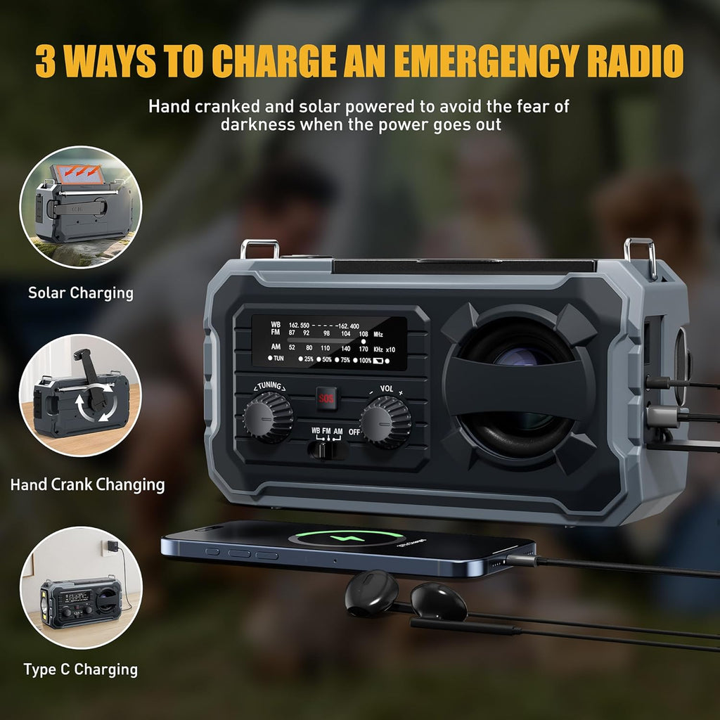 Hand Crank Emergency Radio 10000Mah Weather Radio with AM/FM/NOAA, Grey | Emergency Weather Radio with Solar Prower SOS Phone Charging LED Flashlight, Survival Gear for Outdoor Home Emergencies Kits