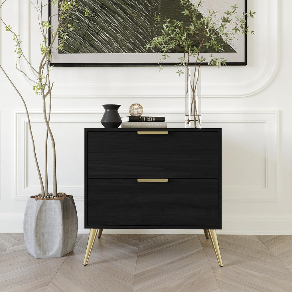 Modern Glam 2-Drawer Wooden Nightstand with Gold Metal Legs, Black