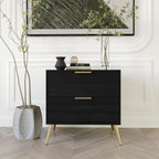 Modern Glam 2-Drawer Wooden Nightstand with Gold Metal Legs, Black