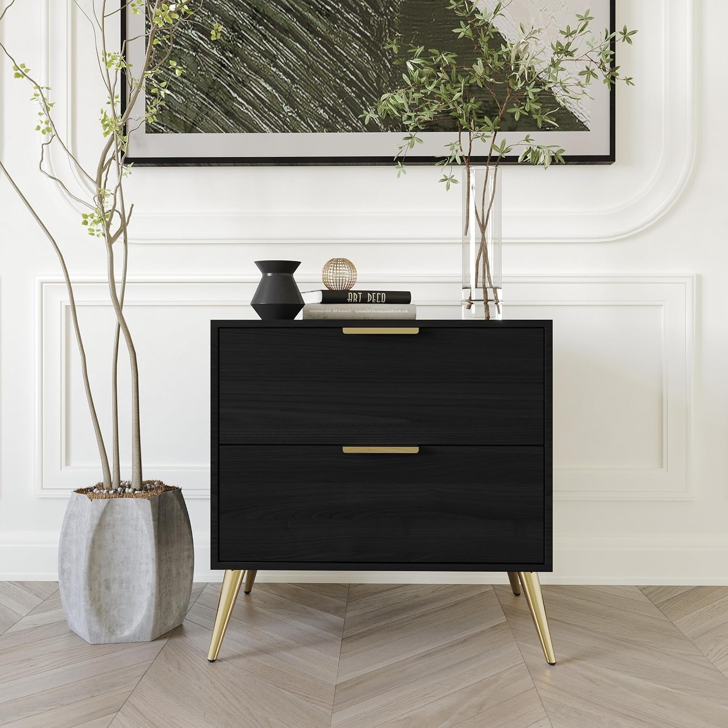 Modern Glam 2-Drawer Wooden Nightstand with Gold Metal Legs, Black