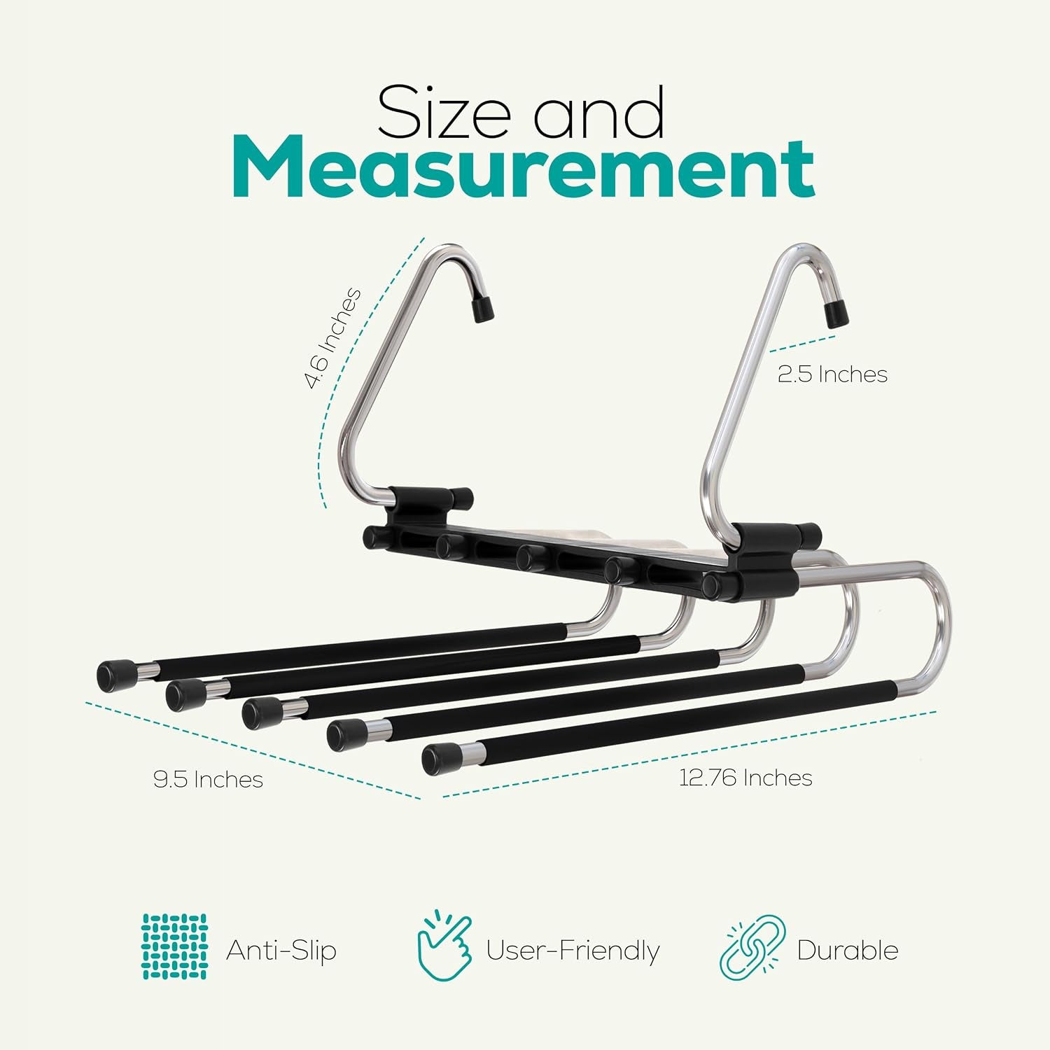 Pants Hangers Space Saving 2 Pack Black Foldable Hangers with Clips for Clothes, Pants, Jeans, Skirts and Scarves, S-Type Stainless Steel Hook, Anti-Slip Hanger for Closet Organization