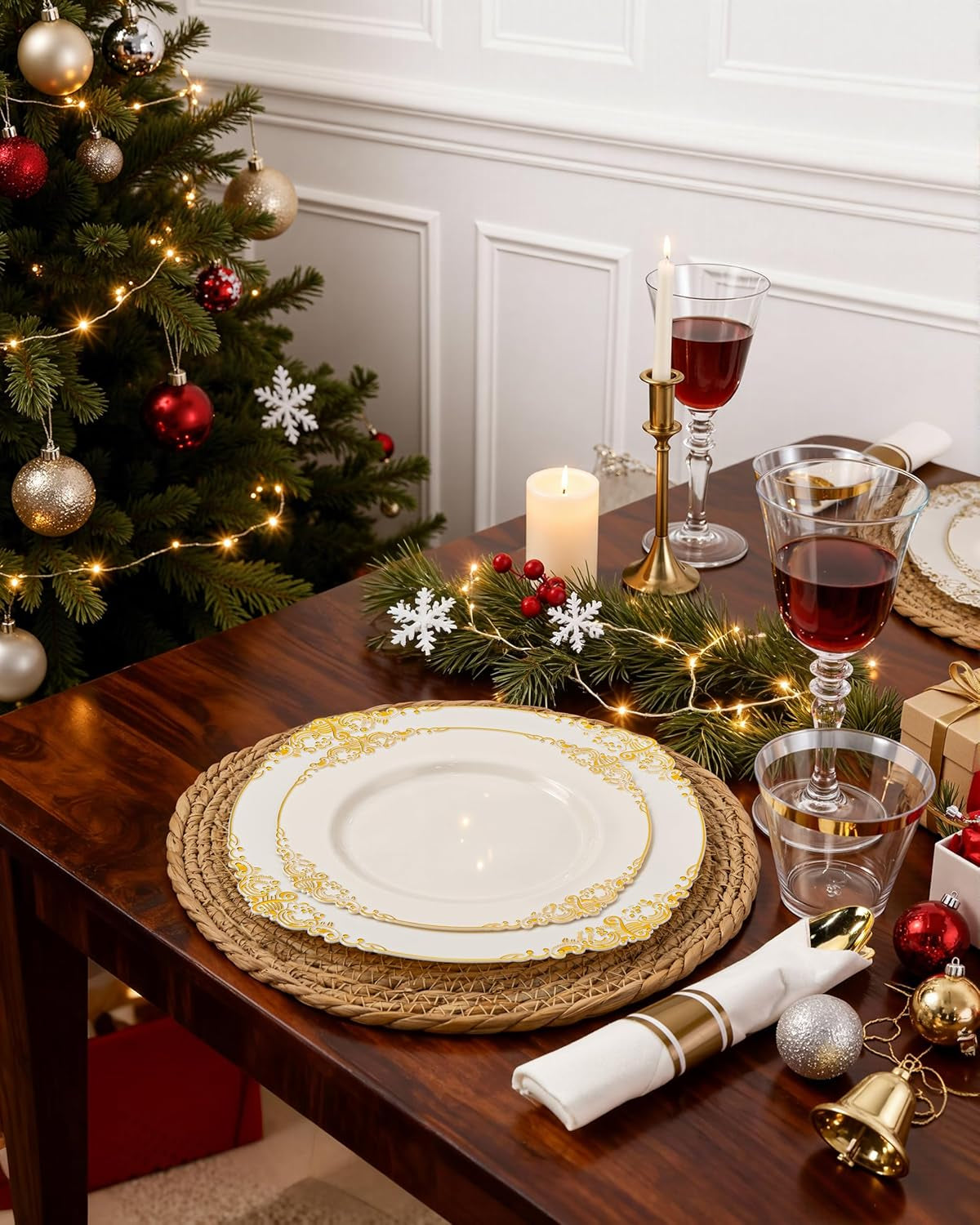 350PCS Ivory Plastic Plates - Ivory Gold Plastic Dinnerware Sets for 50 Guests - 100 Gold Disposable Plates, 50 Pre Rolled Silverware Sets, 50 Cups Perfect for Wedding & Thanksgiving