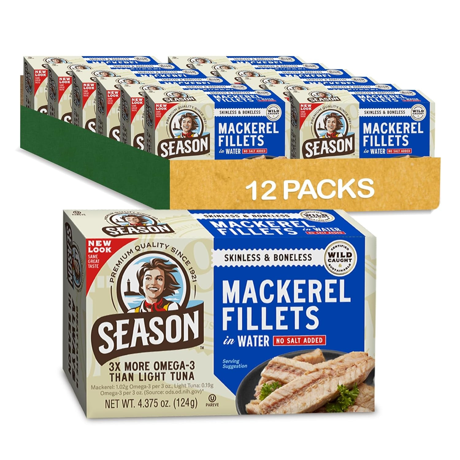 Mackerel in Water - Skinless & Boneless, No Salt Added, Wild Caught, Keto Snacks, Canned Mackerel Fillets, Full of Vitamins, Low in Mercury, Kosher, Non-Gmo, 20G of Protein - 4.37 Oz, 12-Pack