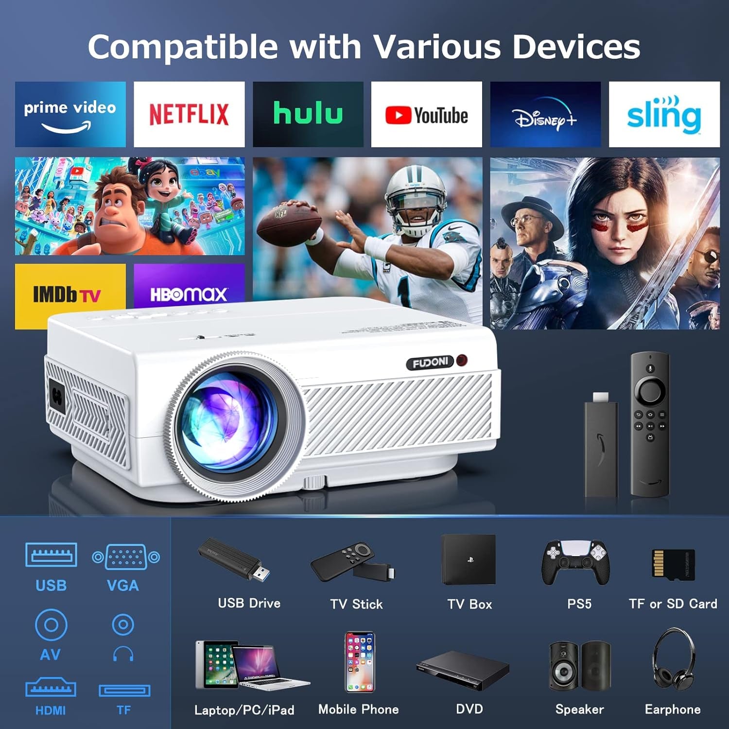 Projector with Wifi and Bluetooth,  5G Wifi Native 1080P Outdoor Projector 11000L Support 4K, Portable Movie Projector with Screen and Max 300", for Ios/Android/Laptop/Tv Stick/Hdmi/Usb/Vga/Tf