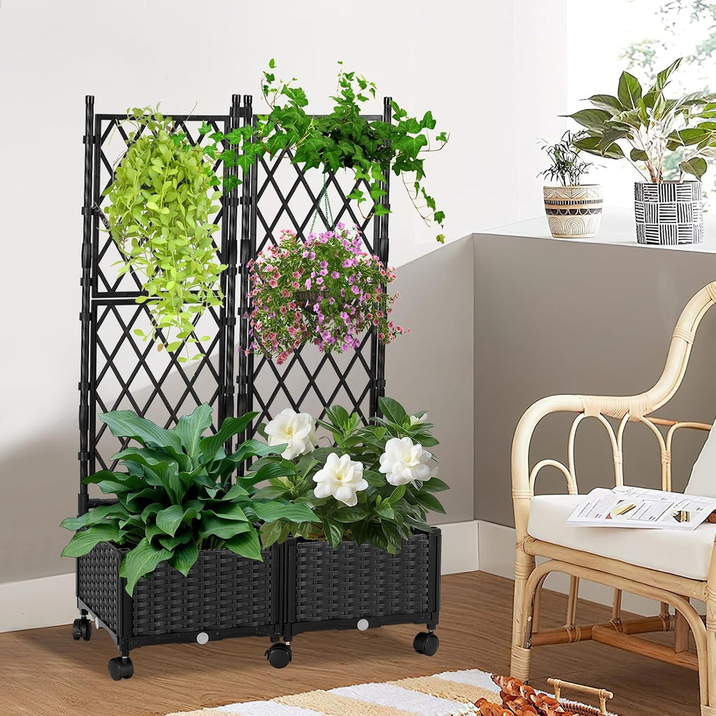 Raised Garden Beds with Screen Outdoor, Garden Trellis for Climbing Plants Indoor, Raised Privacy Planter Box with Trellis for Balcony Backyard Patio, Black, 2 Pcs