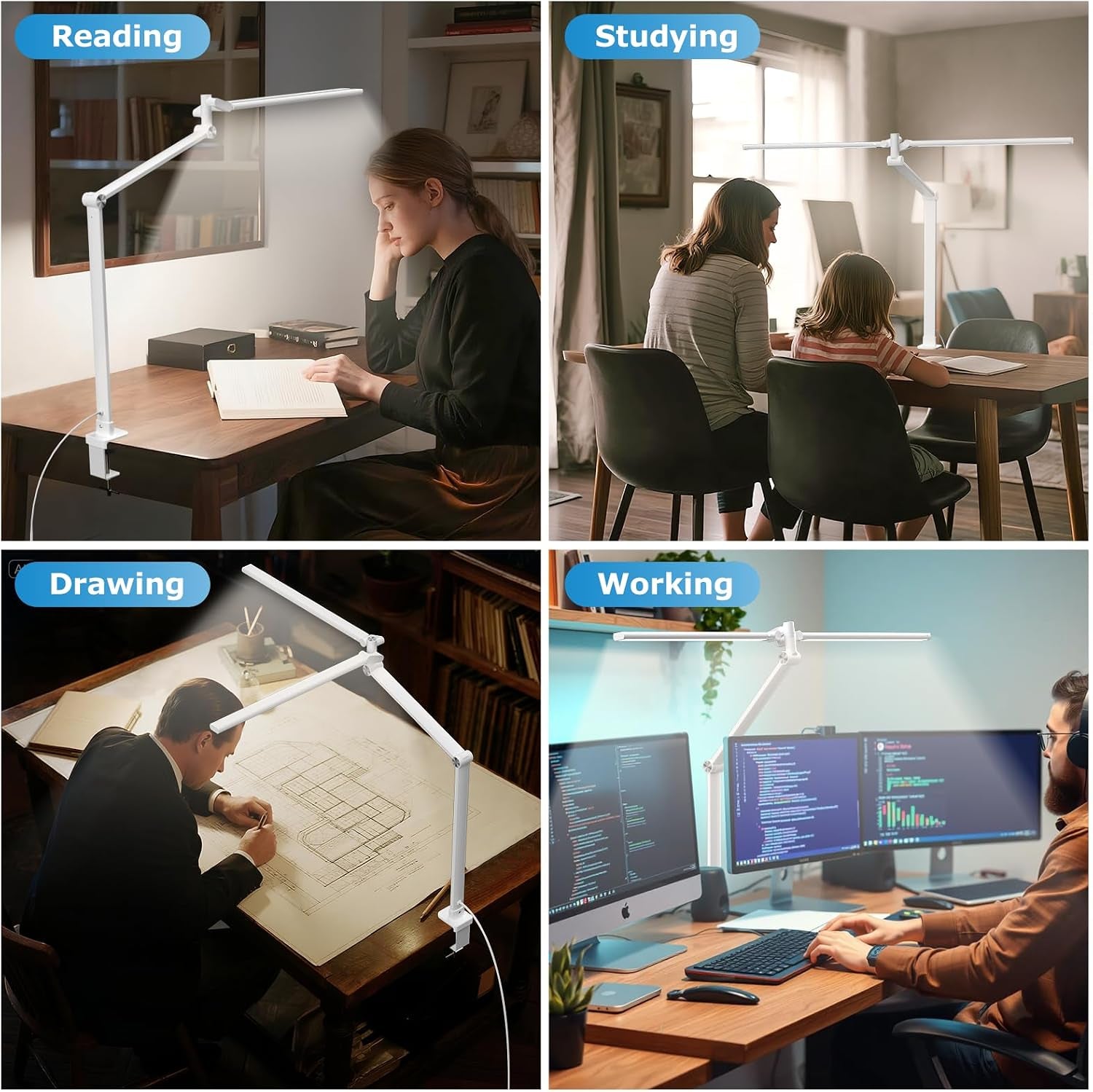 LED Desk Lamp, Double Swing Arm Wide Lighting Area Desk Lamps for Home Office with Stepless Dimming, Eye-Caring Architect Desk Light with Clamp for Reading, Study, Workbench, Drafting(White)