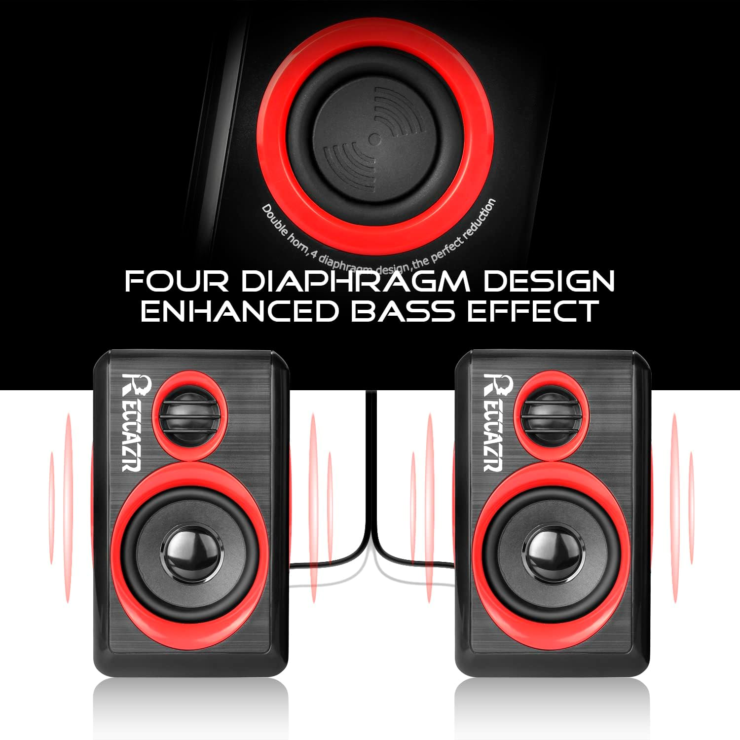 Computer Speakers, 2.0 CH PC Speakers with Surround Sound, USB Wired Laptop Speakers with Deep Bass for Desktop Computer/Pc/Laptops/Smart Phone Build-In 4 Loudspeaker Diaphragm  SP2040|RED