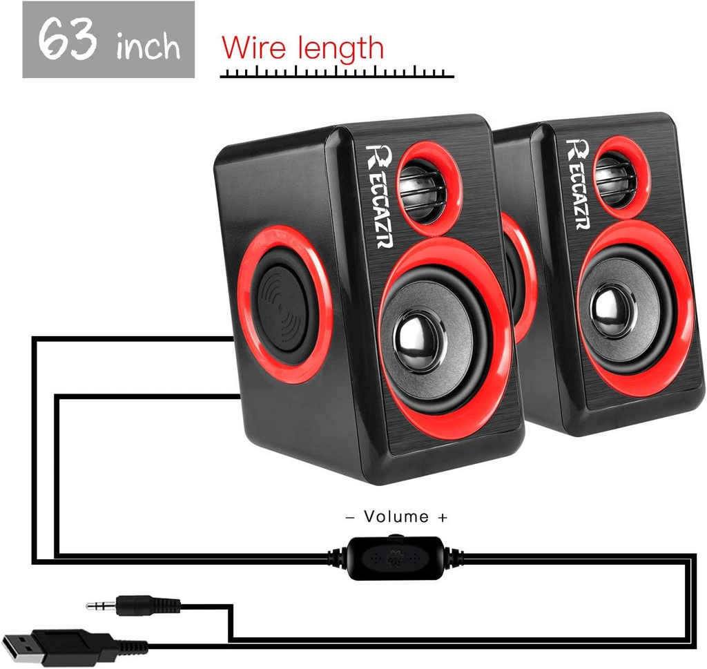 Computer Speakers, 2.0 CH PC Speakers with Surround Sound, USB Wired Laptop Speakers with Deep Bass for Desktop Computer/Pc/Laptops/Smart Phone Build-In 4 Loudspeaker Diaphragm  SP2040|RED