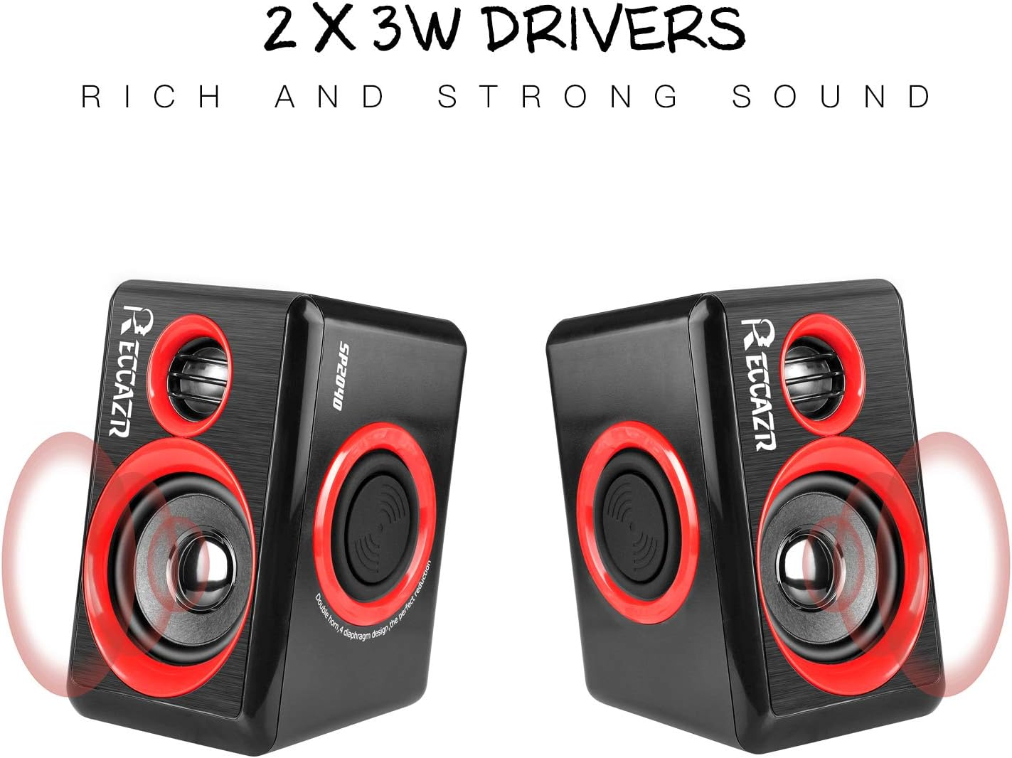Computer Speakers, 2.0 CH PC Speakers with Surround Sound, USB Wired Laptop Speakers with Deep Bass for Desktop Computer/Pc/Laptops/Smart Phone Build-In 4 Loudspeaker Diaphragm  SP2040|RED