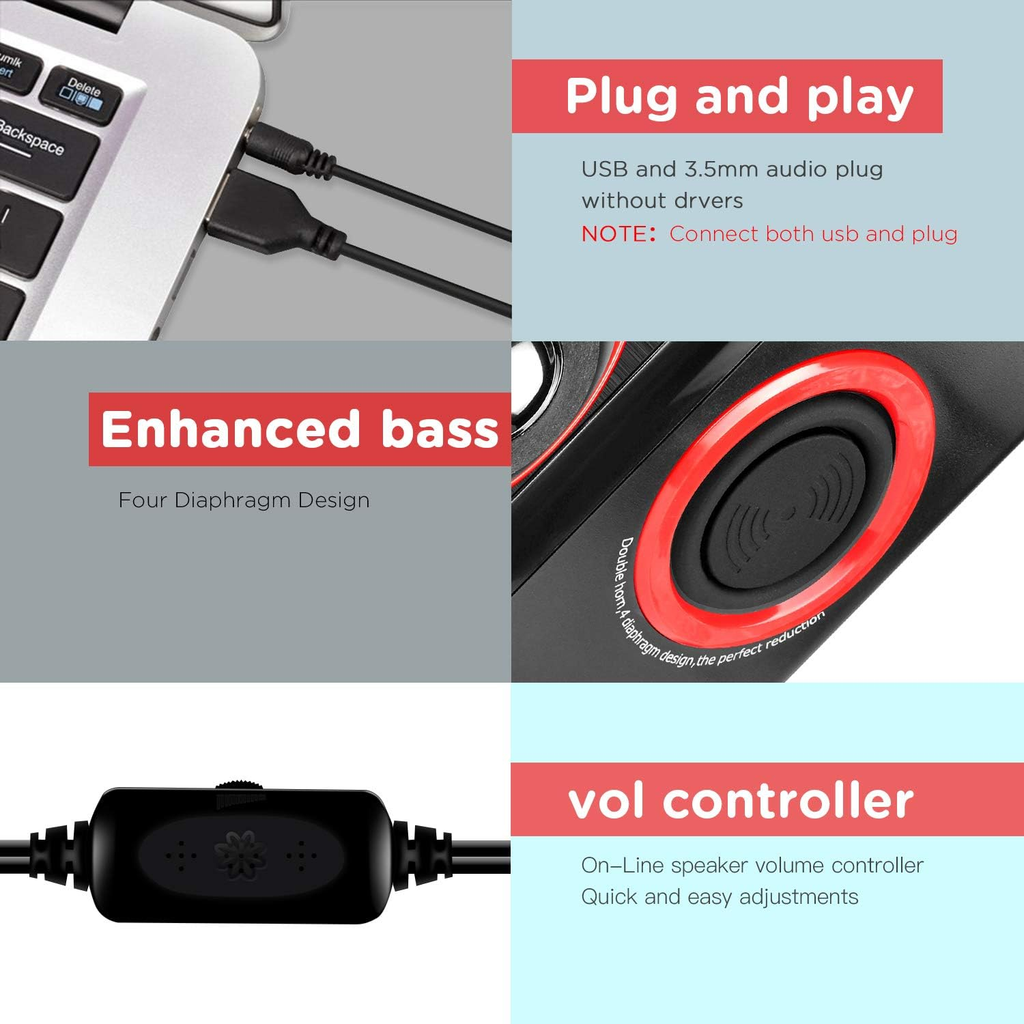 Computer Speakers, 2.0 CH PC Speakers with Surround Sound, USB Wired Laptop Speakers with Deep Bass for Desktop Computer/Pc/Laptops/Smart Phone Build-In 4 Loudspeaker Diaphragm  SP2040|RED