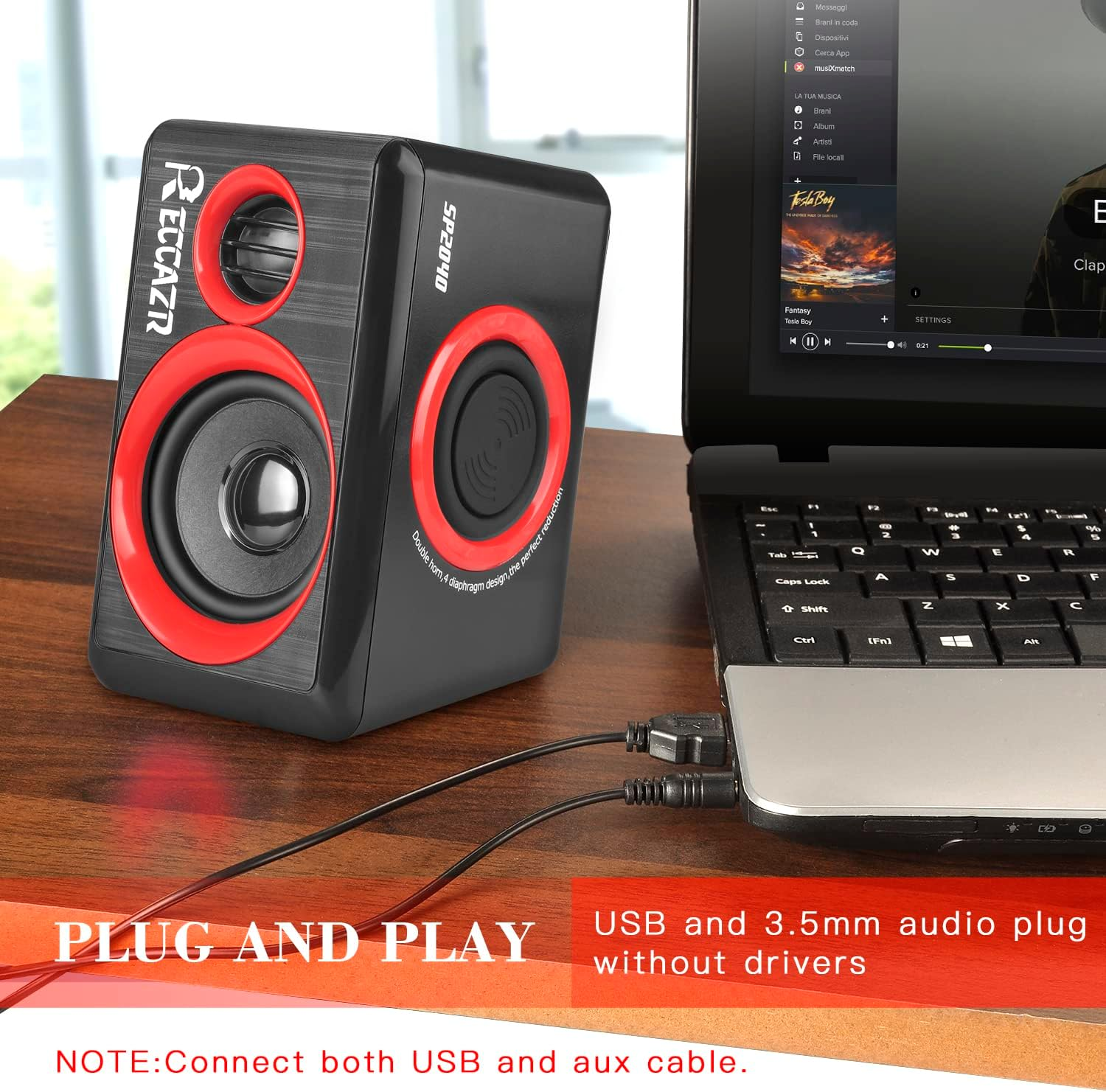 Computer Speakers, 2.0 CH PC Speakers with Surround Sound, USB Wired Laptop Speakers with Deep Bass for Desktop Computer/Pc/Laptops/Smart Phone Build-In 4 Loudspeaker Diaphragm  SP2040|RED