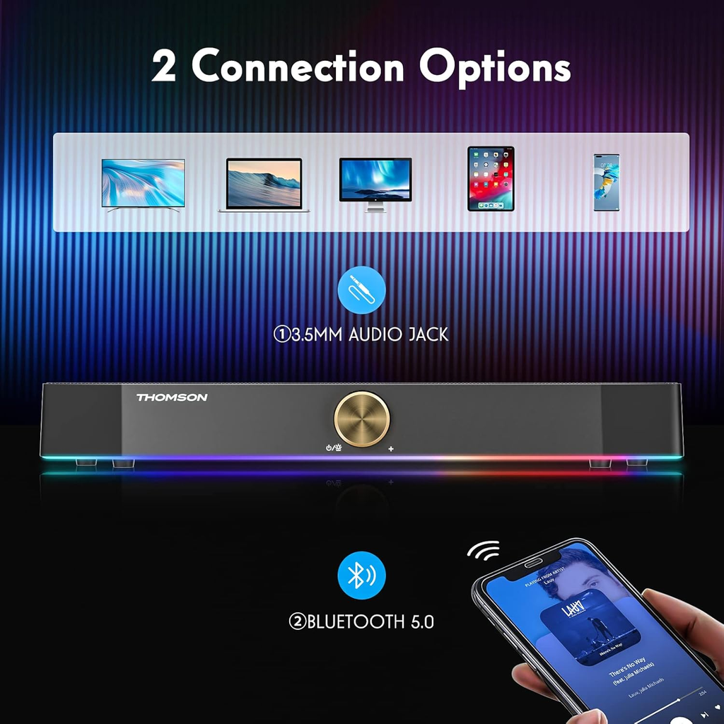 Computer Speakers, Bluetooth Computer Soundbar, Dynamic RGB PC Speakers with 10W Stereo Sound, 3.5Mm Aux-In Connection, USB Powered Computer Speakers for PC, Desktop Monitor, Laptop, Tablets