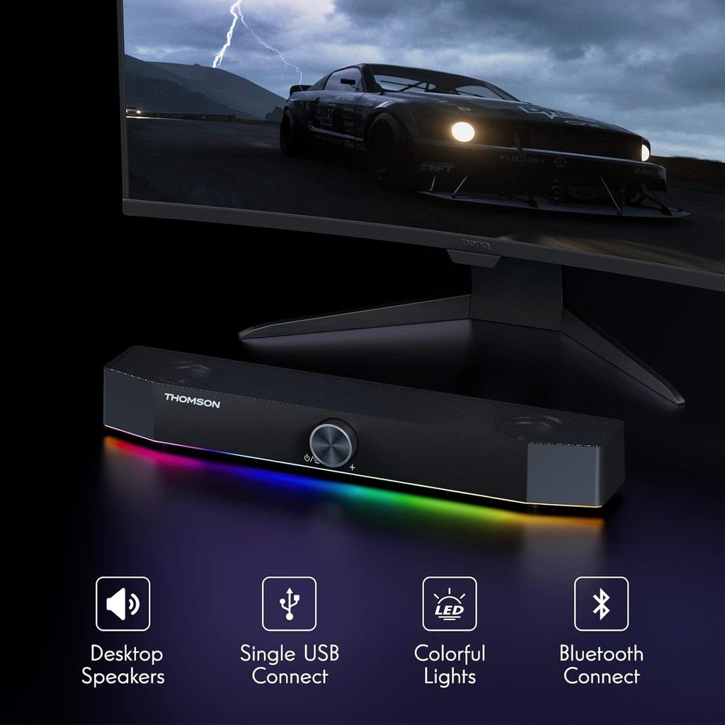 Computer Speakers, Bluetooth Computer Soundbar, Dynamic RGB PC Speakers with 10W Stereo Sound, 3.5Mm Aux-In Connection, USB Powered Computer Speakers for PC, Desktop Monitor, Laptop, Tablets
