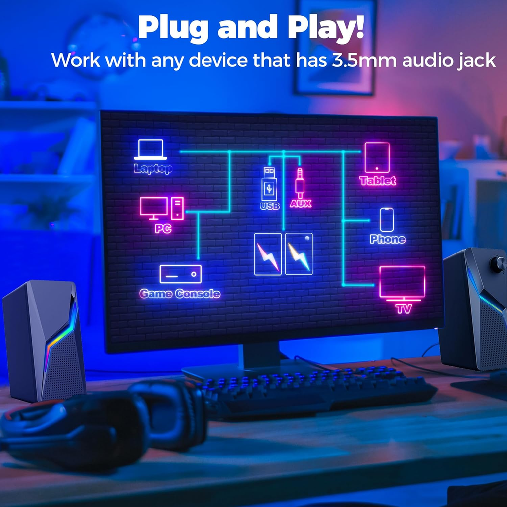 Computer Speakers, PC Gaming Speakers with Enhanced Bass and Volume Control, Stereo 2.0 USB Powered 3.5Mm Aux Multimedia Speakers for Laptop/Desktop/Tablets/Phone