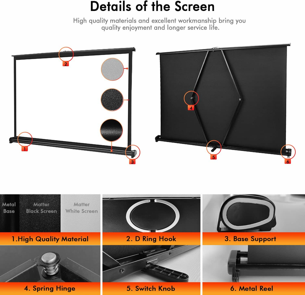 New Portable Mobile 50 Inch Projector Screen Pull Down, 16:9 Projector Screen Retractable Tabletop Screen Tripod Stand for Home Theater Meeting Room, School Indoor Outdoor Ceiling Wall Mount Upgrade