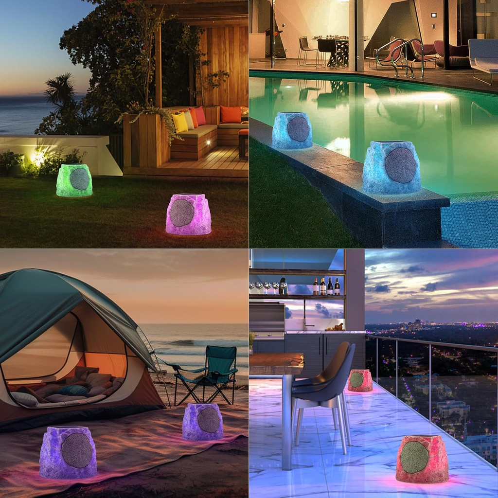 Solar Rock Speakers Outdoor Water-Resistant 2-Pack Solar Powered Rock Speaker with Lights RGB and TWS Pair for Patio outside Garden BBQ Deck