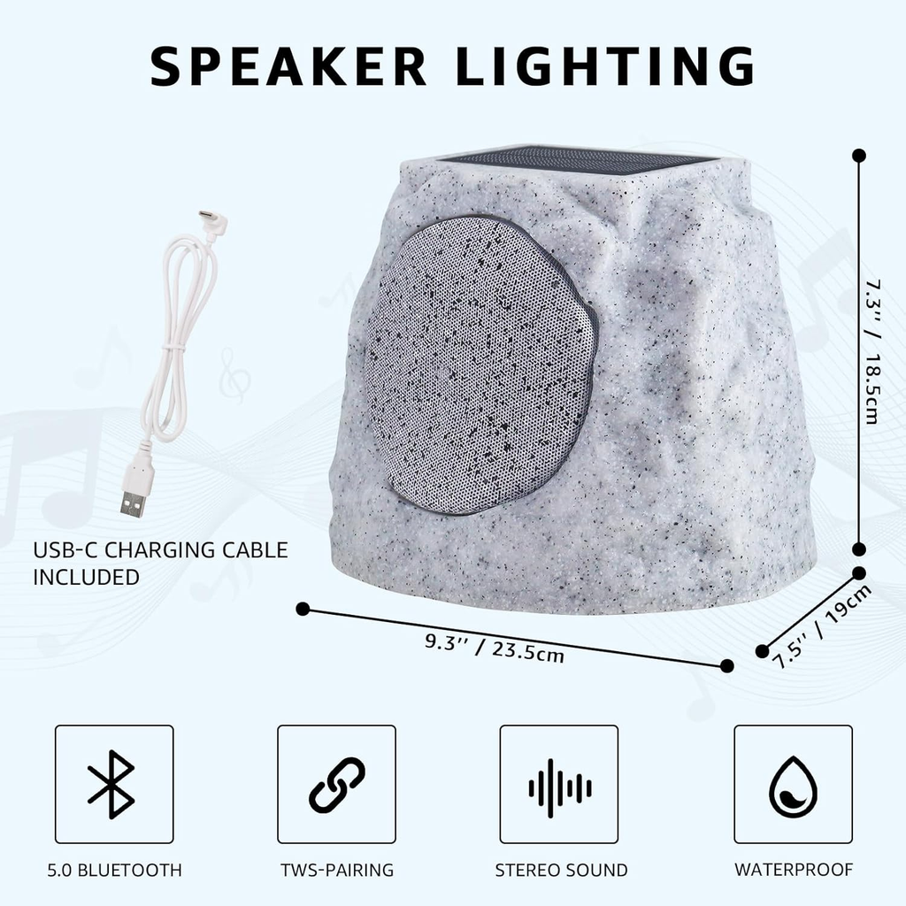 Solar Rock Speakers Outdoor Water-Resistant 2-Pack Solar Powered Rock Speaker with Lights RGB and TWS Pair for Patio outside Garden BBQ Deck