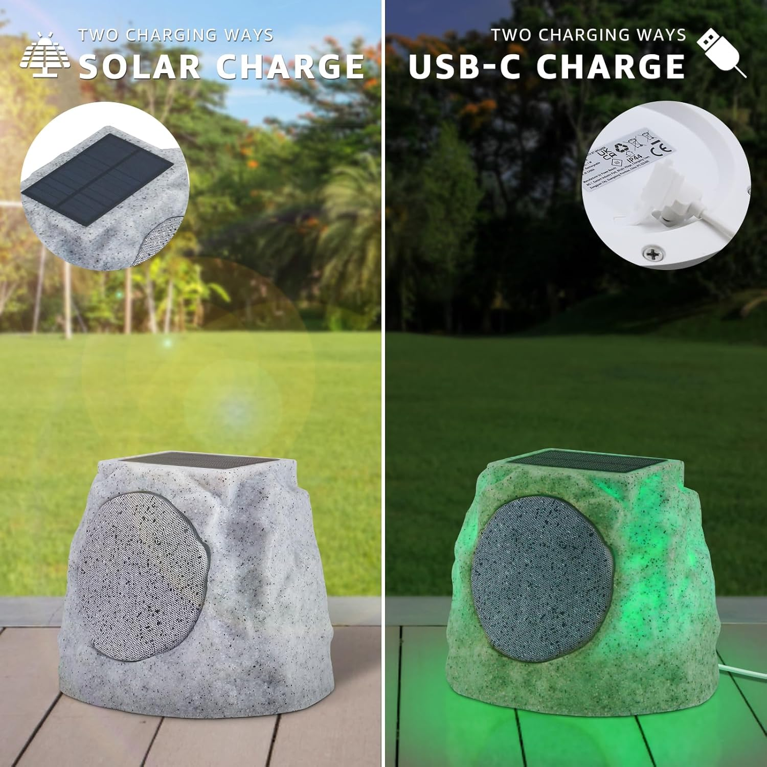 Solar Rock Speakers Outdoor Water-Resistant 2-Pack Solar Powered Rock Speaker with Lights RGB and TWS Pair for Patio outside Garden BBQ Deck