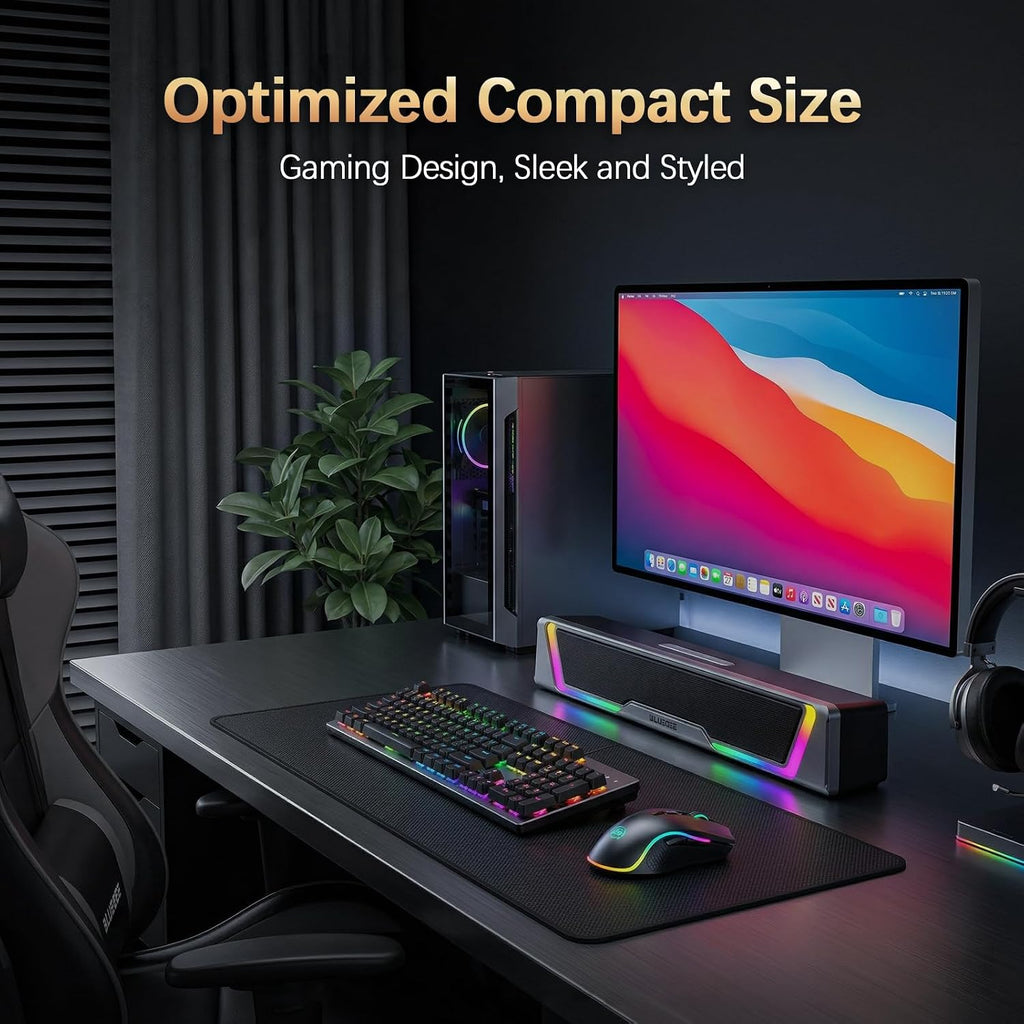 Computer Speakers for Desktop PC, AUX Wired Computer Sound Bar | USB Powered, Plug & Play, PC Speakers for Desktop & Laptop, RGB Lights, Inline-Controlled, Compact Design, Gaming Speakers