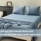 Woven Grid Soft Bed Sheets 4 Piece Set - Luxury Breathable Queen Size Cooling Sheets with 1Fitted Sheet, 1Flat Sheet & 2 Pillowcases- Deep Pocket Fitted Sheet up to 18 Inches (Blue Grey)