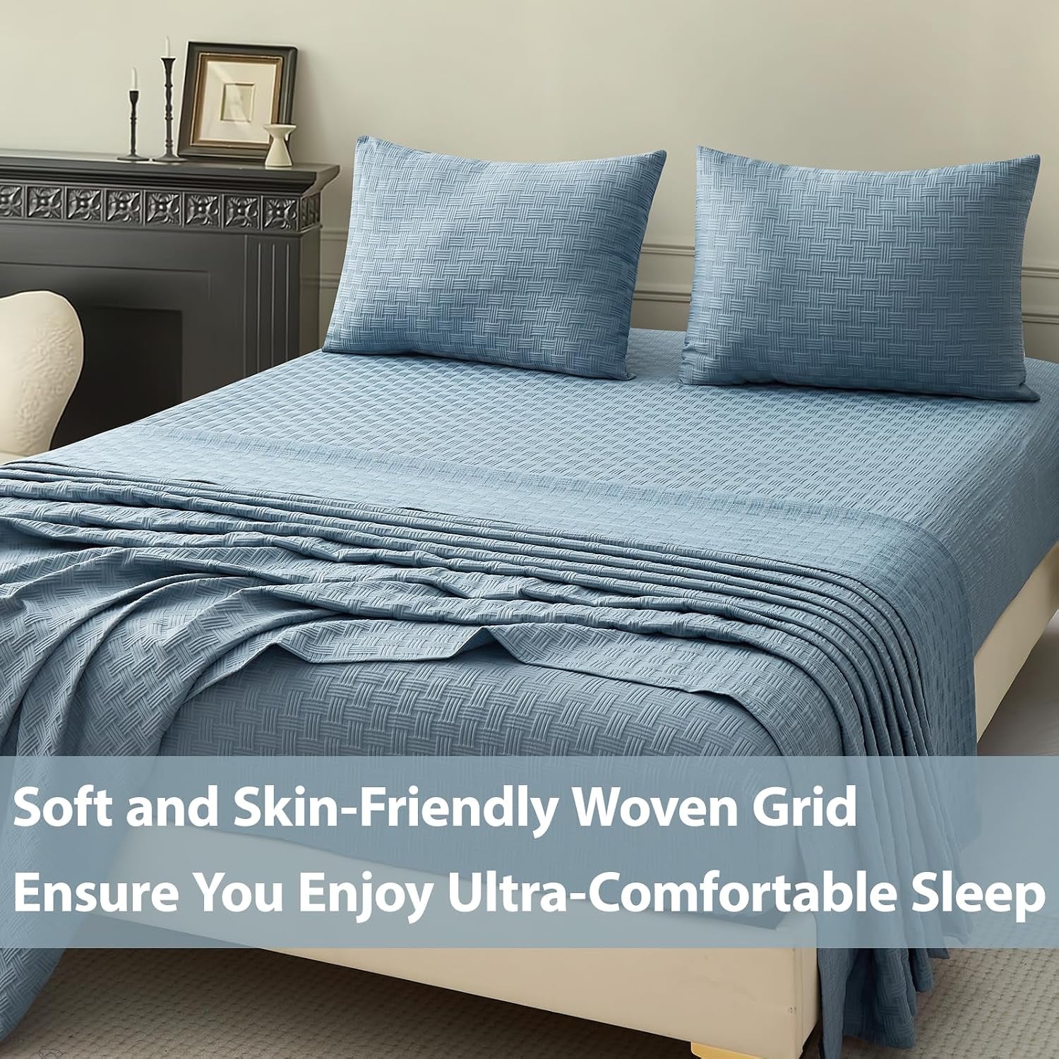 Woven Grid Soft Bed Sheets 4 Piece Set - Luxury Breathable Queen Size Cooling Sheets with 1Fitted Sheet, 1Flat Sheet & 2 Pillowcases- Deep Pocket Fitted Sheet up to 18 Inches (Blue Grey)