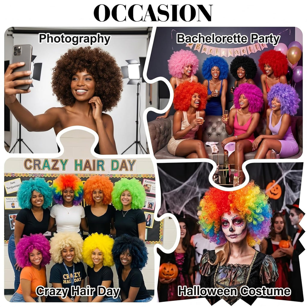 Brown Curly Afro Wig Heart Sunglasses for Women Men, Large Fluffy Funny Disco Afro Wigs Short Party Synthetic Hair with Bangs Hair Net 70S Outfits for Women Bachelorette Party Night Club