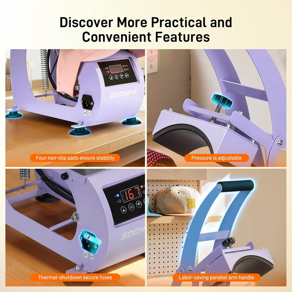 Hat Heat Press Machine, Precise Temp/Timer Control, 6.54"X3.84"Curved Heat Plate, Hat Stretcher, Safety Base, 2 Hat Pad, Glove, Heat Press Heat for Caps, Sublimation, Vinyl, Heat Transfer