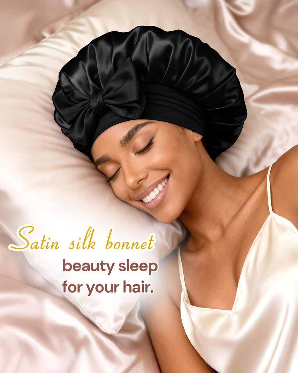 Double Layer Silk Bonnet for Sleeping for Women Satin Lined Bonnet Night Cap for Curly Hair with Tie Band,Black