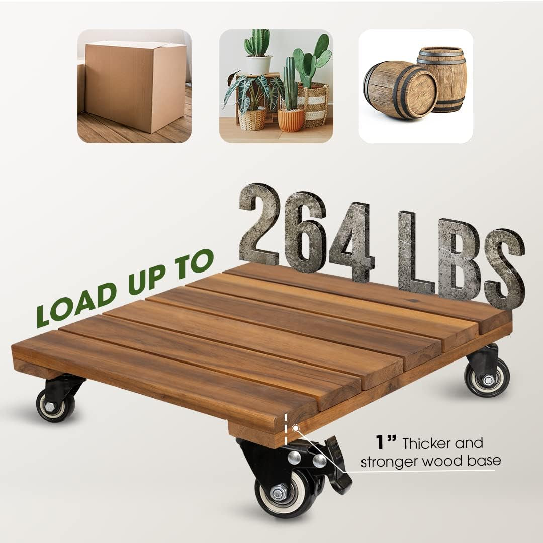 2Pack Wood Plant Caddy with Wheels Heavy Duty, 264 Lbs Capacity, Upgraded 12 Inch Acacia Hardwood Plant Dolly, Plant Stand with 360° Lockable Wheels, Plant Caster for Heavy Objects Hauling - Natural Wood