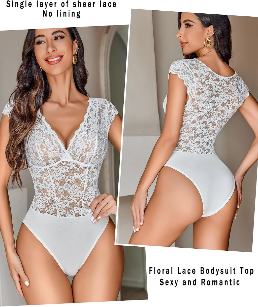 Lace Bodysuits for Women Sexy V Neck Sheer Bodysuit Tops Snap Crotch One Piece Teddy
