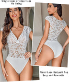 Lace Bodysuits for Women Sexy V Neck Sheer Bodysuit Tops Snap Crotch One Piece Teddy