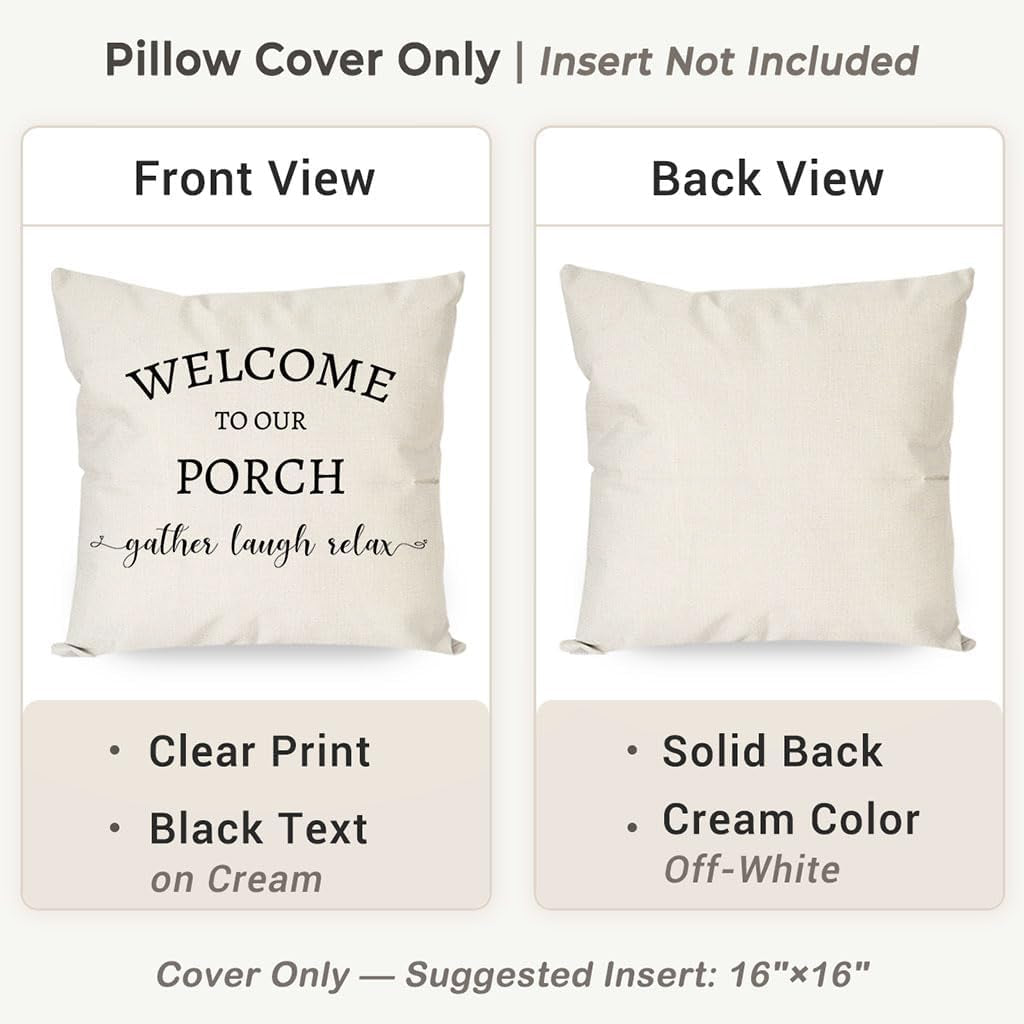 Outdoor Throw Pillow Covers 16X16 Inch Set of 2, Cream | Stay Awhile Welcome to Our Porch Decor, Farmhouse Decorative Throw Pillows Cases for Home Front Porch Patio Decorations