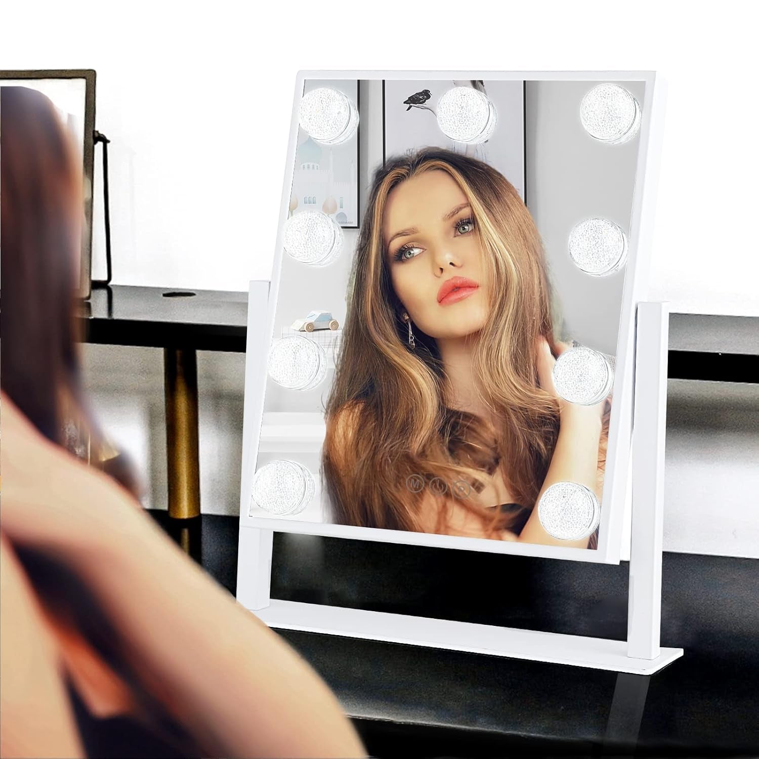Vanity Mirror with Lights, Makeup Mirror with 9 LED Diamond Bulbs | Hollywood Mirror Touch Control Design 3 Colors Dimmable Bulbs Detachable 10X Magnification 360°Rotation