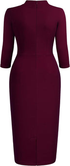 Women'S Retro Half Collar Ruffle 2/3 Sleeve Cocktail Pencil Dress | Vintage Collar Style, Professional Work Dress, Flattering Fit, Stretch Fabric, Funeral, Business Casual, Church