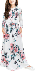 Girls Maxi Dress Floral 3/4 Long Sleeve Dresses with Pockets for Girls 6-12 Years