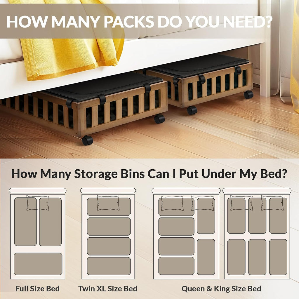 2 Pack Bamboo under Bed Storage with Wheels, 39”X20”X7.8” Lager under Bed Storage Containers (Brown)