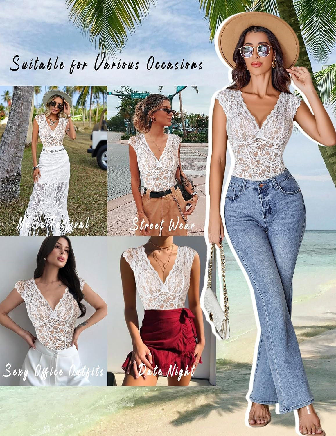 Lace Bodysuits for Women Sexy V Neck Sheer Bodysuit Tops Snap Crotch One Piece Teddy