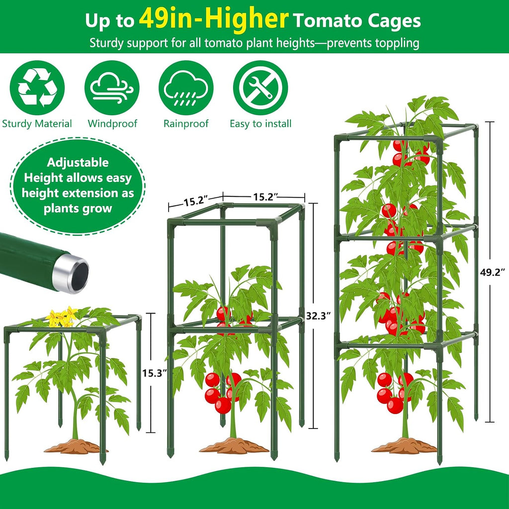 3 Sets 49'' Square Tomato Cages with 18-Gallon Grow Bags for Garden | Heavy-Duty Steel Trellis Kit, Support Towers with Stakes, for Tomatoes, Cucumbers, Peppers, Climbing Vegetables & Flowers