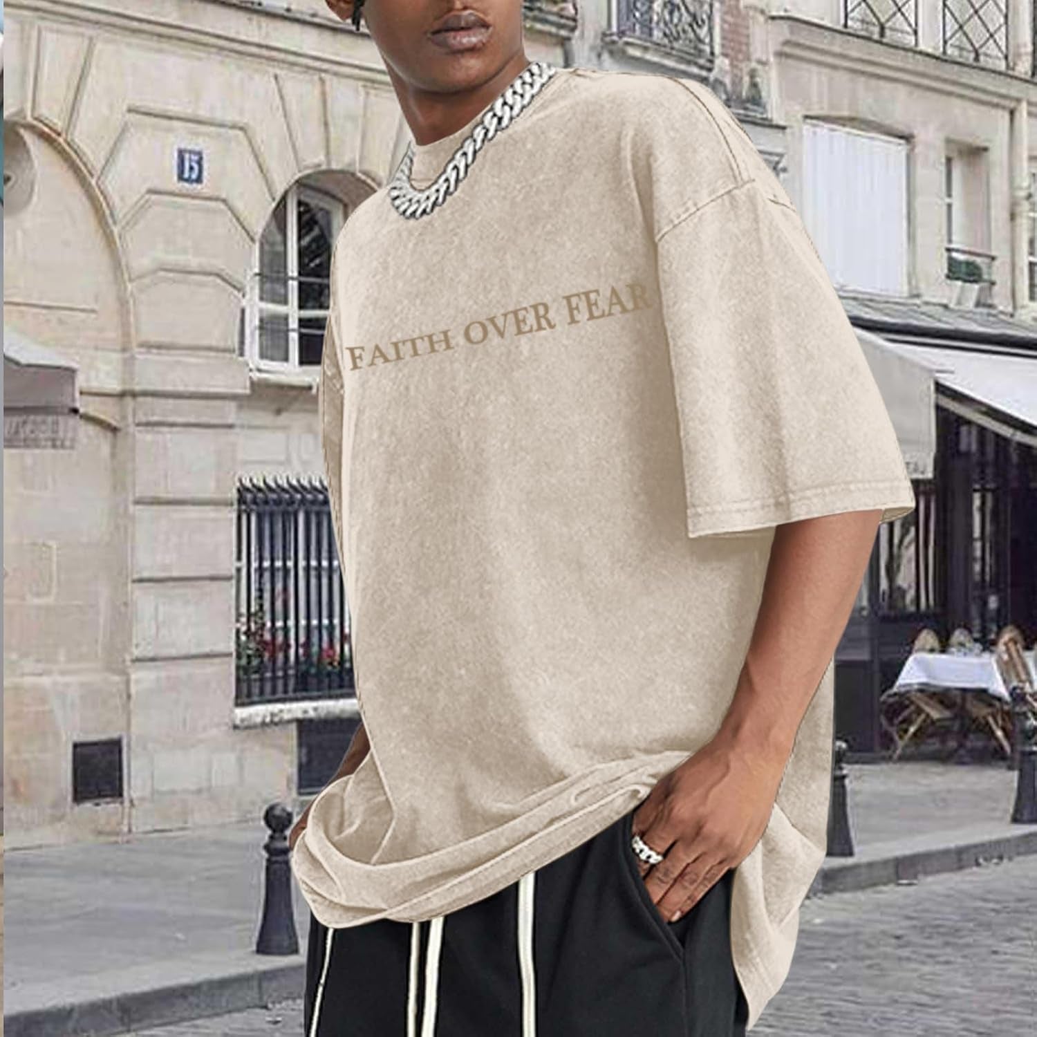 Christian Faith over Fear Shirt for Men Jesus Religious Shirts Oversized Graphic Tees Acid Wash God T-Shirt